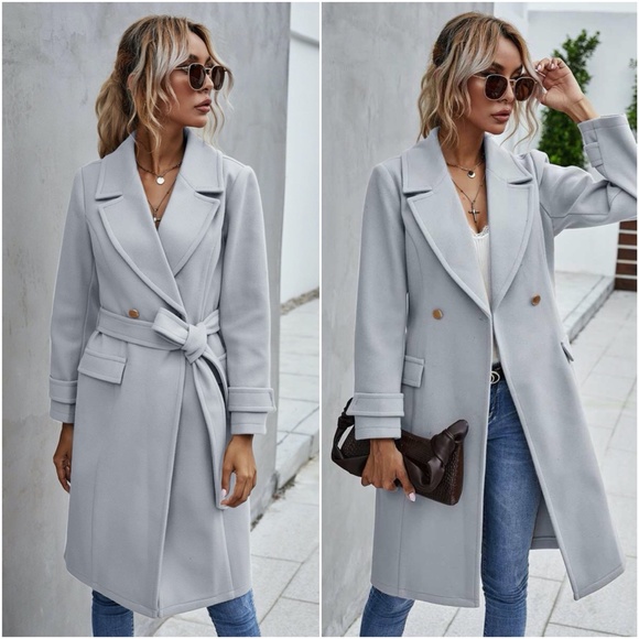 Trench Coat Double Breast Buttons belt pea coat - Picture 14 of 16